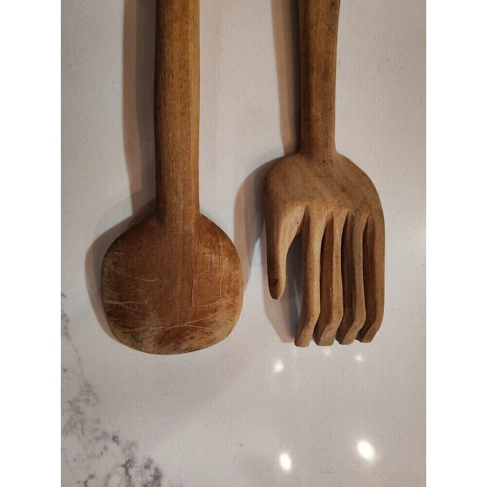 Teak Wood African Carved Fork and Spoon Salad Set Lightweight